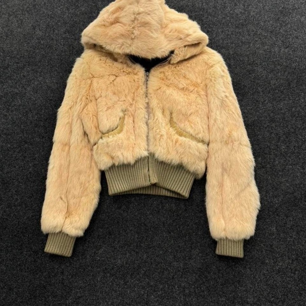 Vintage Real Rabbit Fur Cropped Hooded Jacket Womens Made In Korea